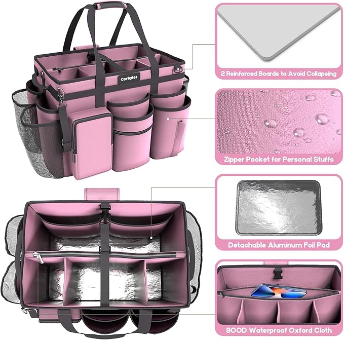 Rolling Cleaning Caddy Bag with Detachable Trolley, Cleaning Supplies Organizer Cart on Wheels, Cleaning Supply Caddy for Housekeepers, Large Professional Detailing Bag Tote for Home, Car (Pink)