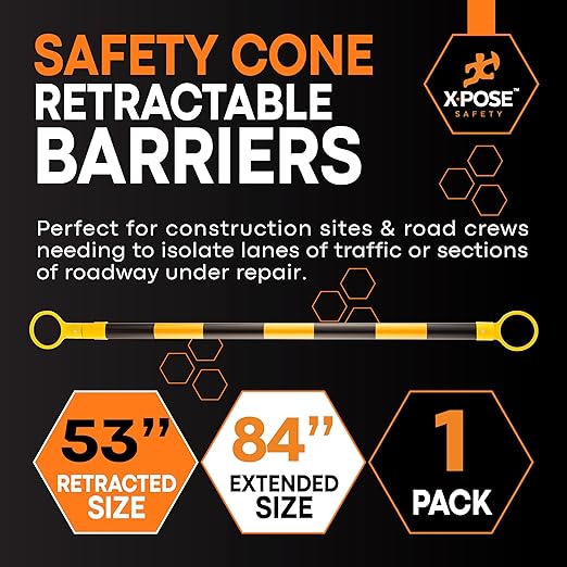 Retractable Barrier for Safety Traffic Cones - 2" OD - Large Yellow and Black Bar Barricade - for Road Construction, Parking, Warning, Temporary Security Divider (1, Yellow & Black, 53" x 84")