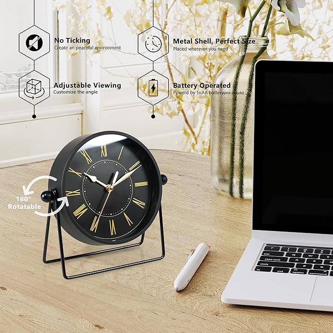 AYRELY® Vintage Black Metal Desk Clock,Battery Operated Mantel Clocks, Decorative Table Clocks with Adjustable Angle for Fireplace Farmhouse Shelf Living Room Décor (Black/Gold)