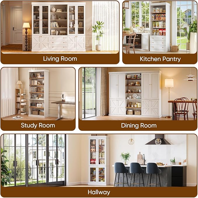 70.8" Tall Farmhouse Kitchen Pantry Cabinet with Doors, Modular Storage Cabinet with 4-Tier Adjustable Shelves, White, Wooden Hutch for Living Room, Kitchen