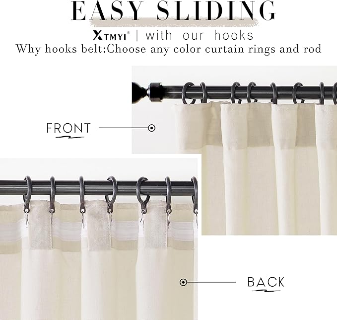 XTMYI Contemporary Curtains for Living Room,Pleat Hooks Linen Semi Sheer Ruffle Curtains for Master Bedroom 2 Panels,90 Inch Long,Beige