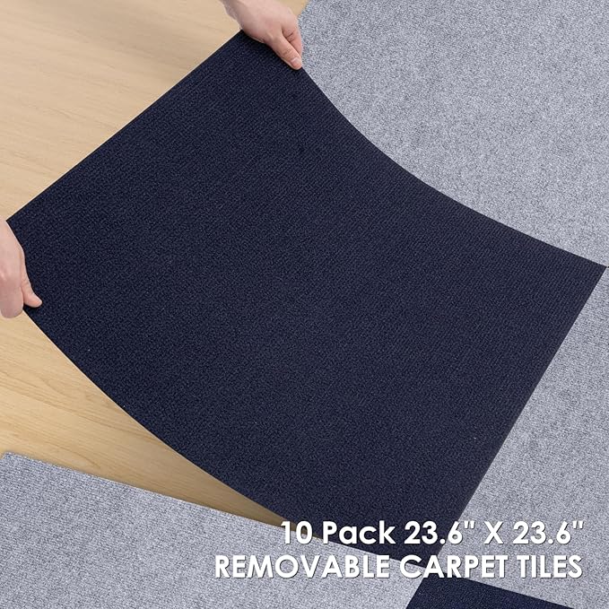 Carpet Tile 10 Pack 24” X 24” Self Adhesive Carpet Floor Tiles Anti-Slip Squares Peel and Stick Floor Tilel DIY Installation for Bedroom(Blue)