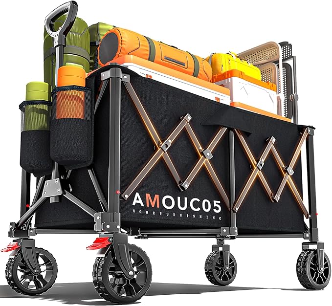 Wagons Carts Foldable, 350LBS Collapsible Wagon with 360° Rotating Wheels, Brakes, and Side Pocket, Large Capacity 160L Wagon Cart for Shopping, Park, Camping and Outdoor Use