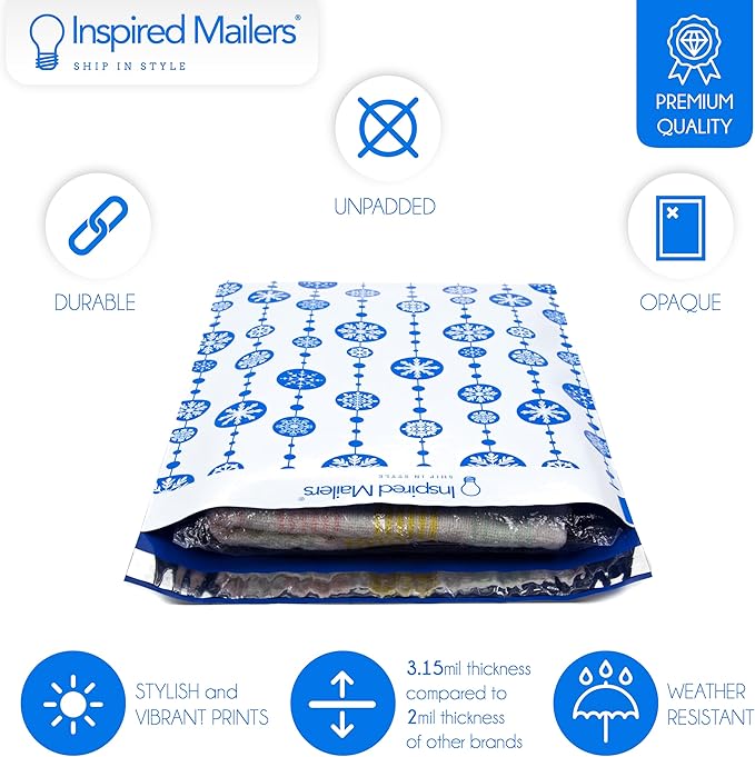 Inspired Mailers - Holiday Poly Mailers 10x13-100 Pack - Snowflake Baubles (Blue) - Mailing Envelopes - Christmas Mailers - Holiday Envelopes