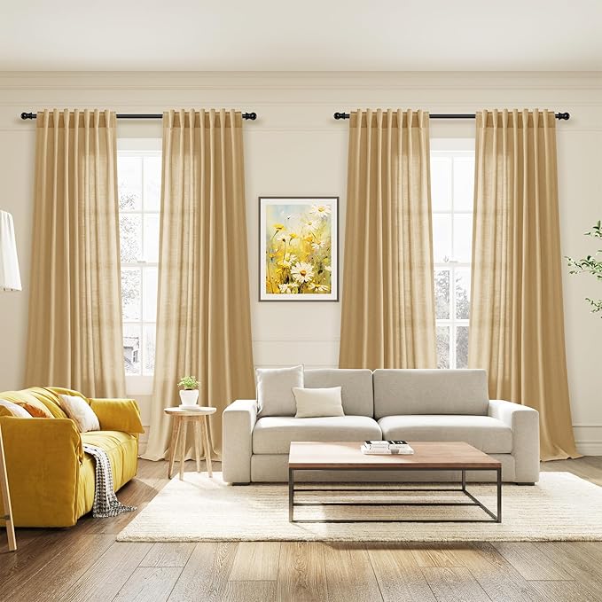 Extra Long Gold Yellow Linen Curtains 120 Inch for Living Room 2 Panels Set Rod Pocket Back Tab Linen Window Drapes Semi Sheer Light Filtering Privacy High Ceiling Drapes for Farmhouse 52x120