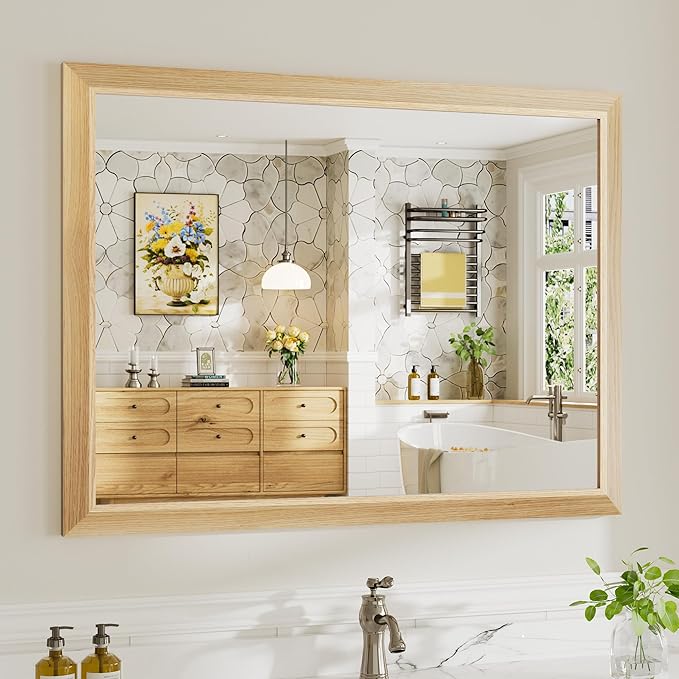 40x30 Inch Bathroom Mirror for Wall, Anti-Rust Oak Wood Grain Metal Framed Bathroom Mirrors for Over Sink,Rectangler Mirrors for Bathroom Vanity, Farmhouse, Bedroom, Living Room, Entryway Decor