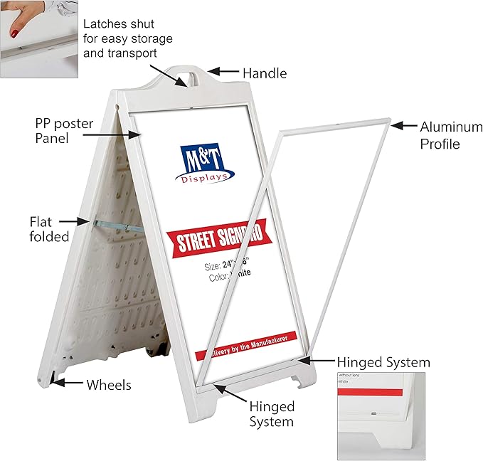 M&T Displays Street SignPro without Lens Protective Cover, 24x36 Inch Poster White Double Sided Sandwich Board Folding A-Frame Sidewalk Curb Sign Portable Advertising Display for Restaurant Cafe