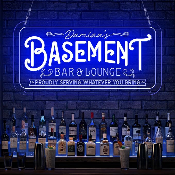 Custom Basement Neon Sign for Bar Lounge, Personalized LED Pub Light with Customizable Name Home Bar Man Cave Decor Gifts for Men Dad Husband Beer Lover(Multiple Sizes & Colors)