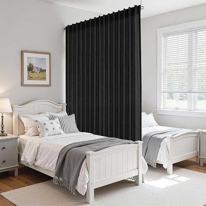 Nanspring Extra Wide 100x96 Inch Linen Curtains for Living Room Divider Light Filtering Semi Sheer Patio Curtains for Sliding Door Black Coastal Decor Sunroom Floor to Ceiling Window Curtain Panel