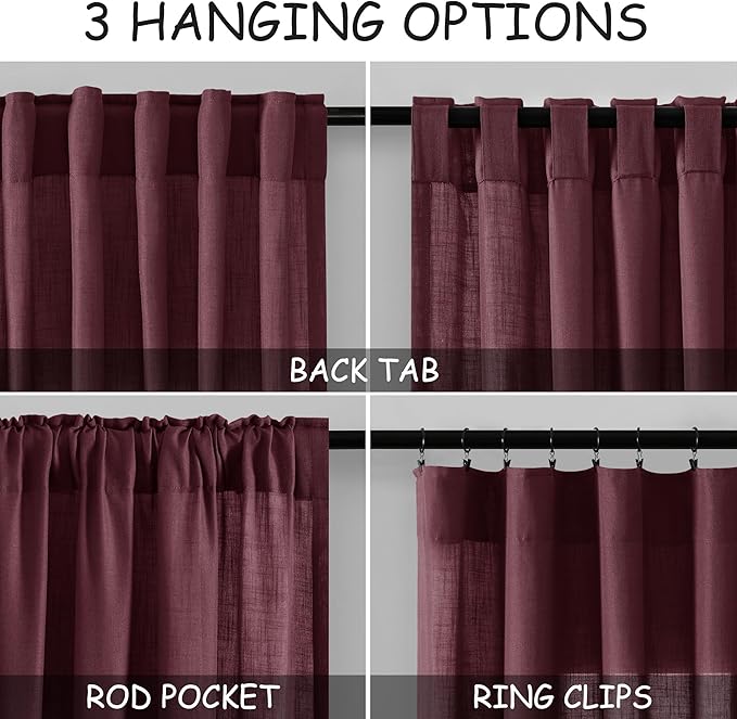 Nanspring Linen Curtains 108 Inches Long for Living Room Bedroom 2 Panels Set Burgundy Extra Long Back Tab Curtain Light Filtering Sheer Drapes Floor to Ceiling Curtain for Large Windows 52x108