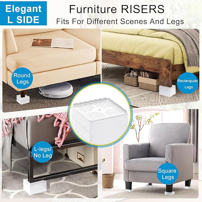 Bed Risers 1 inch, 2 inch, 3 inch, 4 inch Heavy Duty, Adjustable Furniture Riser for Table Desk Couch Sofa Chair Recliner Leg Frame Dorm, Stackable Bed Raisers Blocks (White 4 Pack, 1 inch)