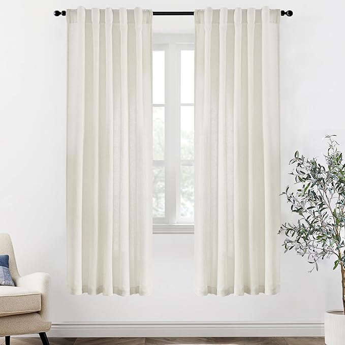 XTMYI 78 Inch Long Linen Sheer Curtains,2 Panels Set Back Tab Pleated Boho Light Filtering Semi Sheer Curtains for Sliding Glass Door,Cream Ivory,40x78 in Length