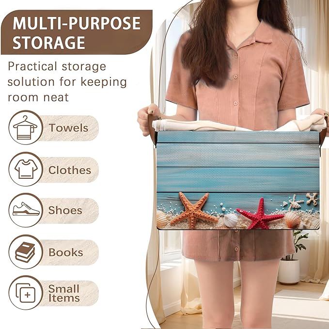 Beach Seashell Starfish Storage Basket Large 17x11.5x10.5 Inche-Collapsible Fabric Organizer Bin with Handles for Bathroom, Nursery, Beach Towels-Decorative Hamper with Coastal Nautical-Single Pack