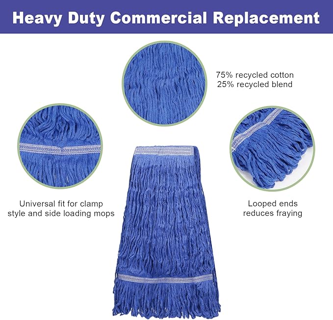 3 Pack Heavy Mop Replacement Head,Commercial Industrial Grade Blue Cotton Ring Heads，for Heavy Commercial Industrial Residential Areas -Blue Cotton Looped Replace Mop Head (Deep Blue)