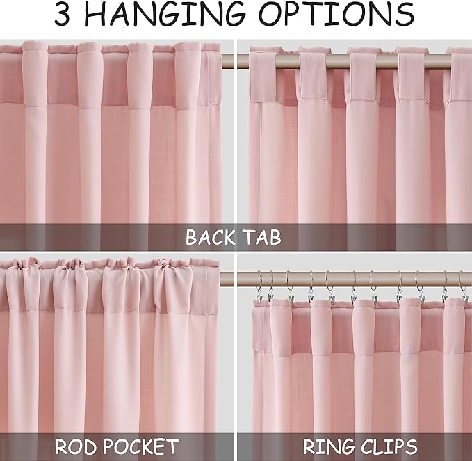Nanspring Pink Linen Curtains 108 Inches Long for Baby Girl Bedroom 2 Panels Set Extra Long Back Tab Curtain Light Filtering Semi Sheer Pink Drapes Floor to Ceiling Curtains for Large Windows 52x108