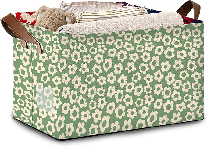 Vintage Groovy Flowers Storage Basket Large 17x11.5x10.5 Inche-Collapsible Fabric Organizer Bin with Handles for Living Room,Bedroom,Blankets-Decorative Hamper with 70s Retro Floral Design-Single Pack