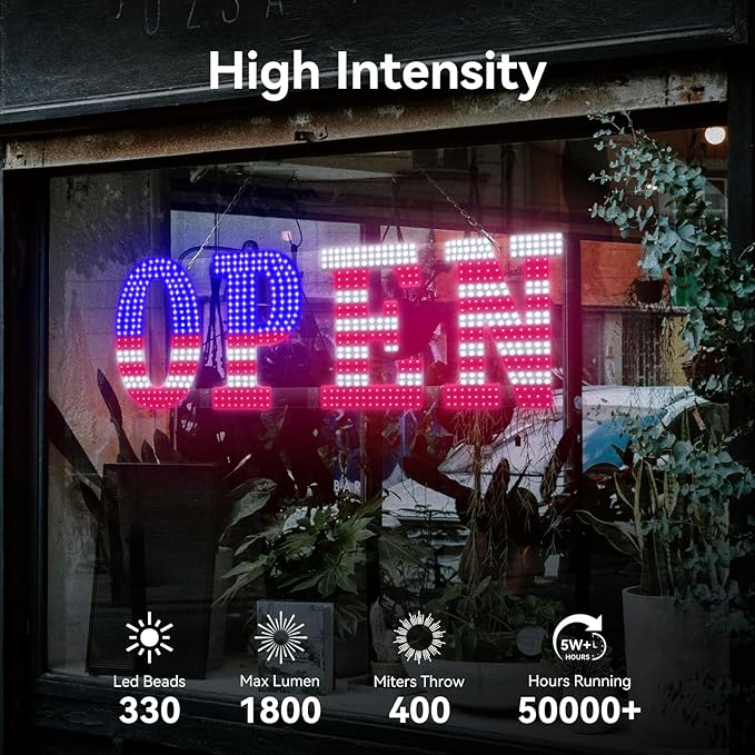30" x 10" American Flag LED OPEN Sign with Remote Control, Dimmable Brightness, Flash Modes & Speed, Easy Hang Plug-in Storefront Window Sign for Shop, Bar, Salon
