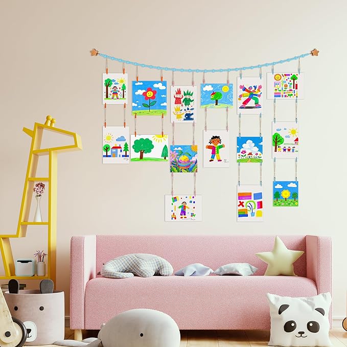 KOLLIEE Kids Artwork Display Art Wall Decor 4.93ft Boho Wooden Beaded Garland Collage Holder with Hanging Rings Wooden Stars Hook 40 Wood Clips for Kids Artwork Photo Room Bedroom Decor Blue
