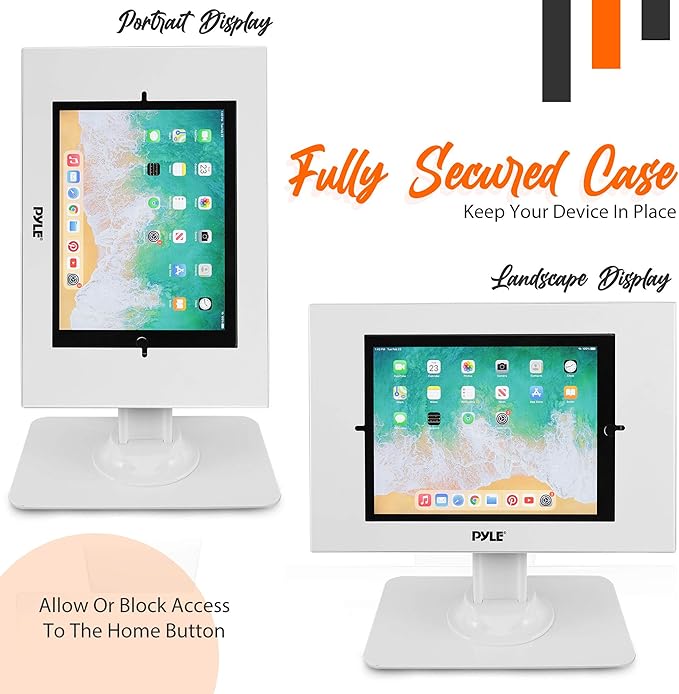 Pyle Anti Theft Tablet Security Stand - Table Mount Desktop Ipad Kiosk Stand w/Lock and Key Mechanism, 90° Rotate 75° Tilt - iPad, iPad Air, iPad Pro, Samsung Galaxy Tab A (2021) PSPADLK18, White