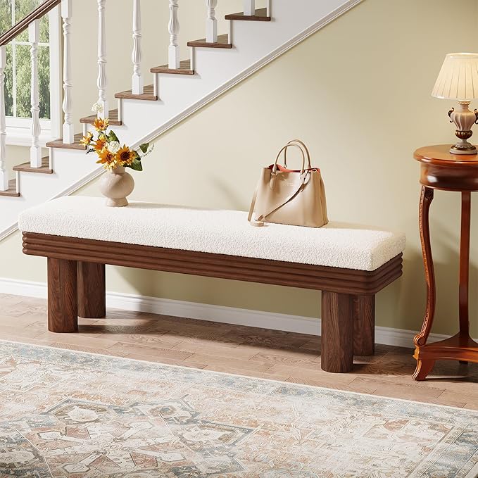 Tribesigns 55-Inch Upholstered Entryway Bench, Modern Shoe Bench with Faux Shearling Padded Seat, Upholstered End of Bed Stool for Bedroom, Entrance, Living Room (White & Dark Walnut)