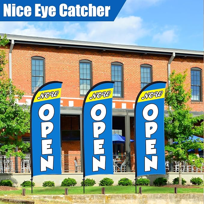 Buryeah 3 Sets Now Open Feather Flag Pole Kit for Business Advertising 7 ft Open Flag Banner Sign with Pole Kit Ground Stake and Portable Bag for Outside Ground (Blue)
