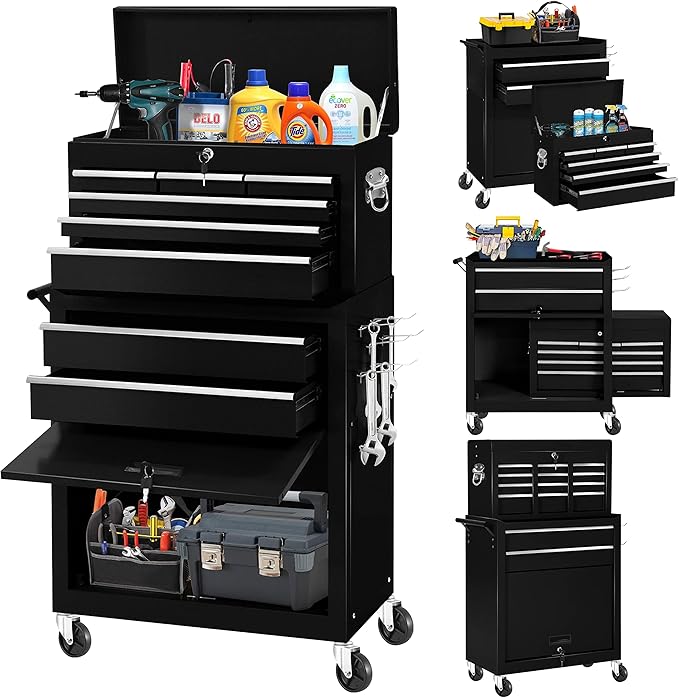Bonusall 8-Drawer Rolling Tool Chest and Cabinet Combo,Heavy-Duty Metal Garage Tool Chest with Wheels,2-in-1 Top Chest and Roller Cabinet Combo for Garage, Workshop, Warehouse, Black