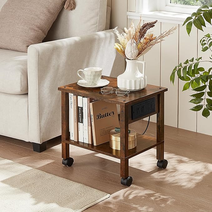 2 Tier Under Desk Printer Stand with Storage, Small Printer Table with Charging Station, Rolling Printer Cart Shelf with Lockable Wheels for Home, Office (Brown)