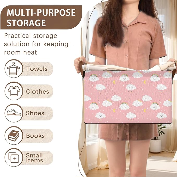 Pink Cloud Storage Basket Large 17x11.5x10.5 Inches - Collapsible Fabric Organizer Bin with Handles for Nursery, Girls Room, Toys - Foldable Decorative Hamper with Soft Fluffy Design - Single Pack