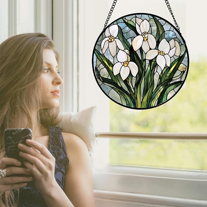 Stained Glass Window Hanging - White Green Snowdrops Flowers Suncatcher for Doors Garden Patio Sun Catchers Decor Christmas Mother's Day Birthday Gifts for Women Men Mom Nana Friend 15 in