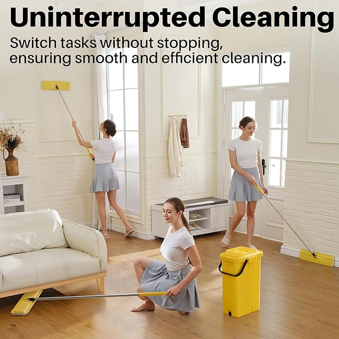 JOYMOOP Industrial Mop and Bucket Set, 17.7-inch Dust Mops for Floor Cleaning, Flat Mop Bucket with Wringer, Include 5 Reusable Microfiber Mop Pads - Yellow