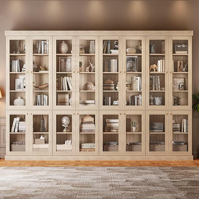 Vyre 70.8" Tall Brown Bookshelf with Glass Doors, Farmhouse Modular Bookcase with 6-Tier Adjustable Shelves, Large Storage Cabinet for Home Office, Living Room, Set of 2
