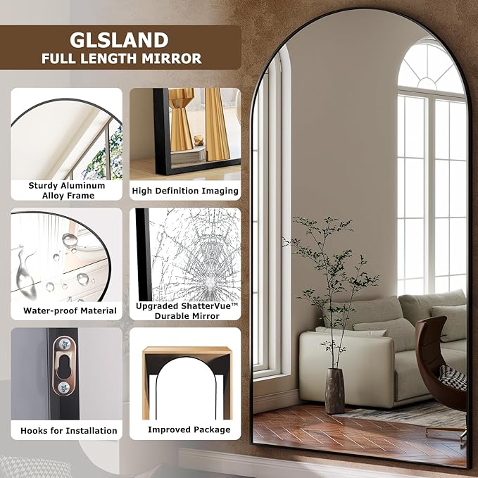 GLSLAND 35x78 inch Arched Full Length Mirror - Aluminum Alloy Frame Floor Mirror with Stand High Definition-Full Body Mirrors for Bedroom or Living Room,Black