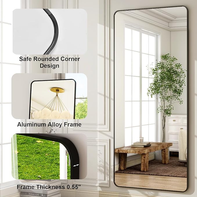 HARRITPURE 71"x32" Large Full Length Mirror - Rectangular Black Aluminum Frame Floor Mirror with Stand for Bedroom, Living Room, Cloakroom, Full Body Reflection