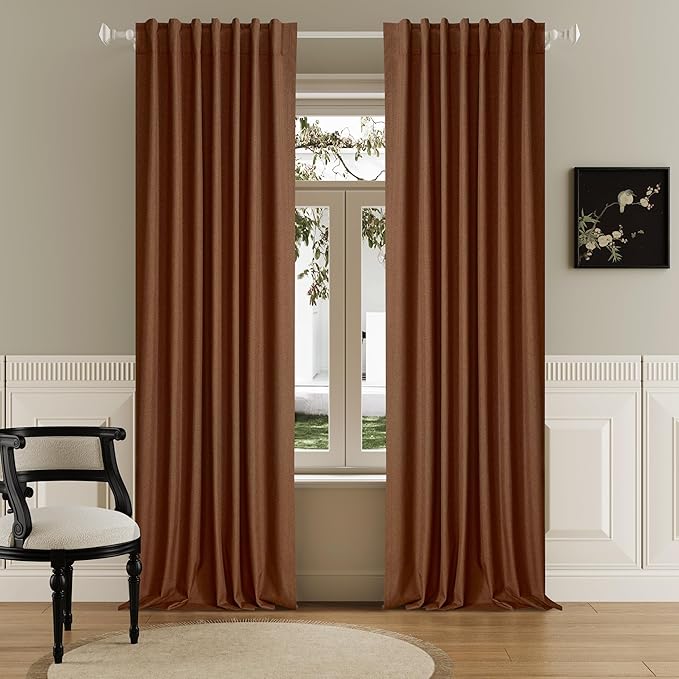 DUALIFE Blackout 96 Inches Long Rust Curtains 2 Panel Set, Terracotta Curtains for Living Room Darkening Thermal/Noise Reduction Textured Flax Linen Drape 8ft Rod Pocket&Back Tab 72W x 96L