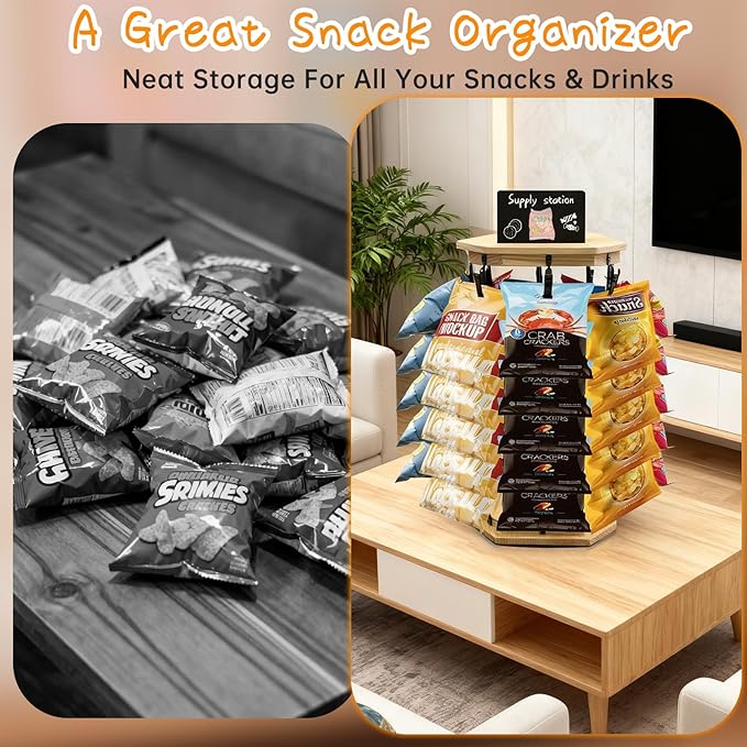 Chip Rack Display Stand 360° Rotating 5 Tiers 40 Clips Bar Snack Organizer Retail Display Rack Wooden Base Candy Holder for Concession Stand Countertop Party Store With Message Board (Octagon)