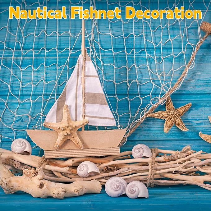 2 Pcs Fish Net Decorations, 39x78 Inch Cotton Nautical Themed Fishing Net, Wall Hanging Photo Display Fishnet for Coastal Bedroom Bathroom, Pirate Hawaiian Beach Under The Sea Party Decor, Beige