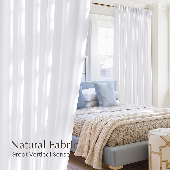NICETOWN White Linen Curtains 84 inches Long, Back Tab/Rod Pocket with Pleat Tape Privacy Added with Light Filtering Semi Sheer Window Treatments for Living Room, W52 x L84, 2 Panels