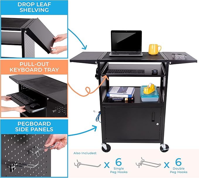 Line Leader Stellar AV Cart - Computer Cart with Customizable Pegboard & Hooks, Locking Cabinet and Tray, UL Certified Power, Mobile Workstation with Locking Wheels, Ideal for Laptop & Charger Storage
