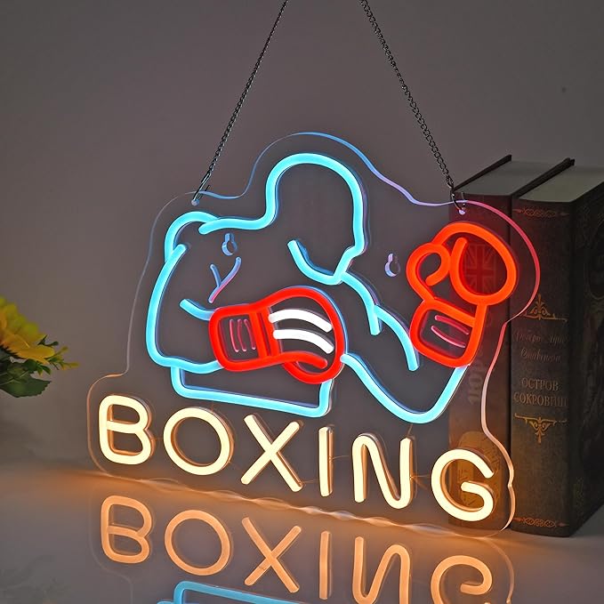 Boxing Neon Sign, Neon Lights Hanging Wall Art Decoration for Fitness Club Gym Sports Room Workout Game Room Man Cave Boys Gifts, USB Powered Ultra Bright Dimmable, 16.1 * 12.2 inches