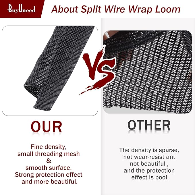 Black Braided Cable Management Sleeves Wire Loom Tubing Cord Protector Self-Wrapping (1"-15Feet)