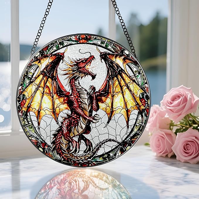 Stained Glass Window Hanging, 8 Inch Dragon Suncatcher Stained Glass, Suncatchers for Windows Hanging, Sun Catchers Indoor Window, Dragon Themed Gifts, Gifts for Men, Women
