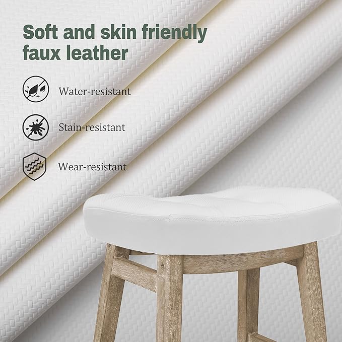 Counter Height White Bar Stools Set of 2 for Kitchen Counter Farmhouse Modern Barstools with Faux Leather Upholstered Backless Seat and Solid Wood Legs 24 inch Bar Chairs, White + Wood Color