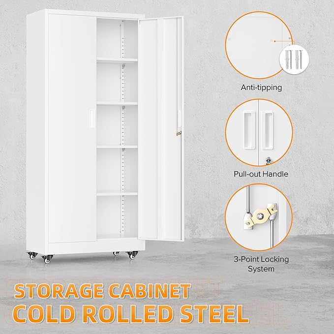 Superday Garage Storage Cabinet with Wheels，73" H Metal Storage Cabinet with Doors and Adjustable Shelves, Lockable Steel Utility Tool Cabinets for Garage, Home Office, Kitchen(White)