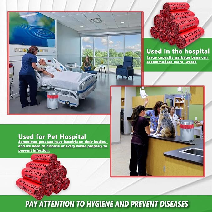 Biohazard Waste Bags 100 Count 24.4in, 10-Gallon Safe Infectious Waste Disposal Bags,Red Trash Liner,No Leak Bags, Medical Grade(100Pcs 24.4inx24.4in/62x62cm)