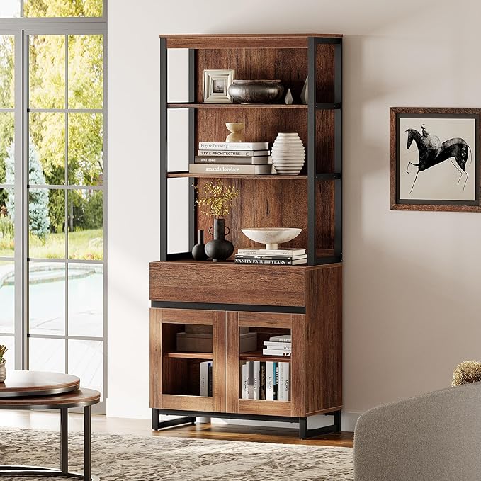WAMPAT Modern 72" Tall Bookcase with Drawer and Open Book Shelfs, Library Book Shelf with Glass Doors Storage Cabinet, Wood Freestanding Bookshelf for Home Office, Living Room, Brown