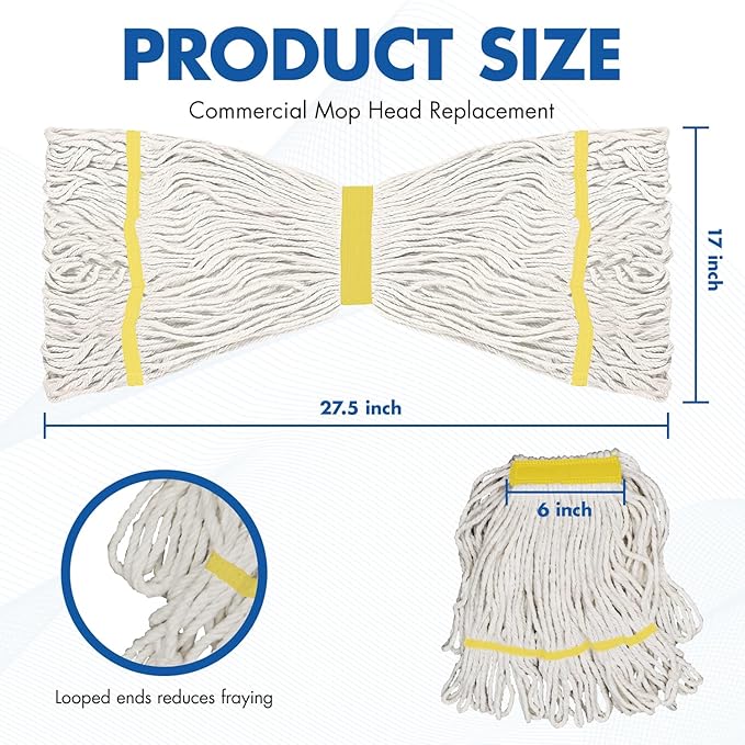 KULED Heavy Duty Industrial Mop, Commercial Cotton Mop with 59 Inch Handle, Looped-End String Wet Mops with 2 Heads for Floor Cleaning, Workshop, Warehouse, Home and Garage