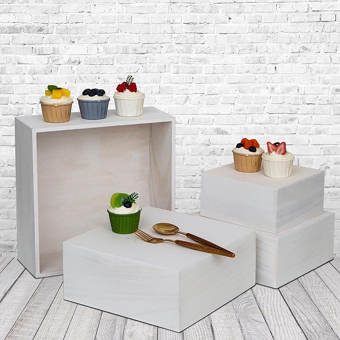 4 Pieces Wooden Cake Stands,Natural Wite Cupcake Stands for Display,12 inches Square Wooden crates,Wood Display risers for Wedding,Birthday Party,Christmas,etc. (Natural White)