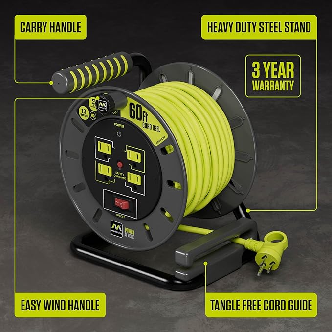 Masterplug 60ft Cord Reel, Retractable Extension Lead with Winding Handle, Safety Overload Circuit Breaker and Power Switch, 4X Grounded Outlets, 13amps, 14AWG Cable