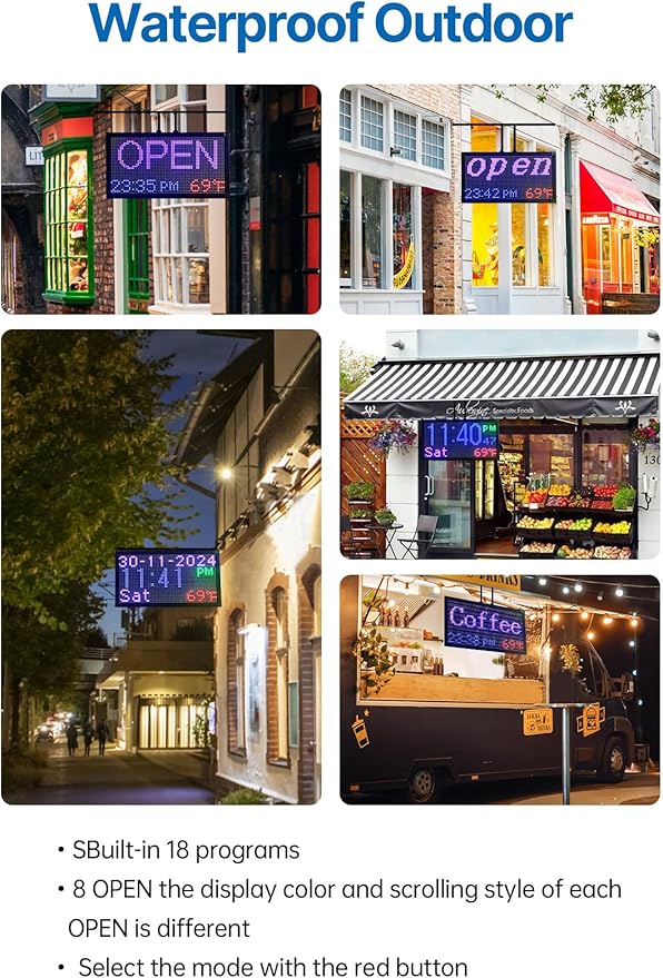 20”x11” Smart LED Open/Closed Sign Outdoor Waterproof, RGB Color Changing Backlight with Remote Control, Digital Alarm Clock, Calendar & Temperature Display - Use Retail Stores, Shops