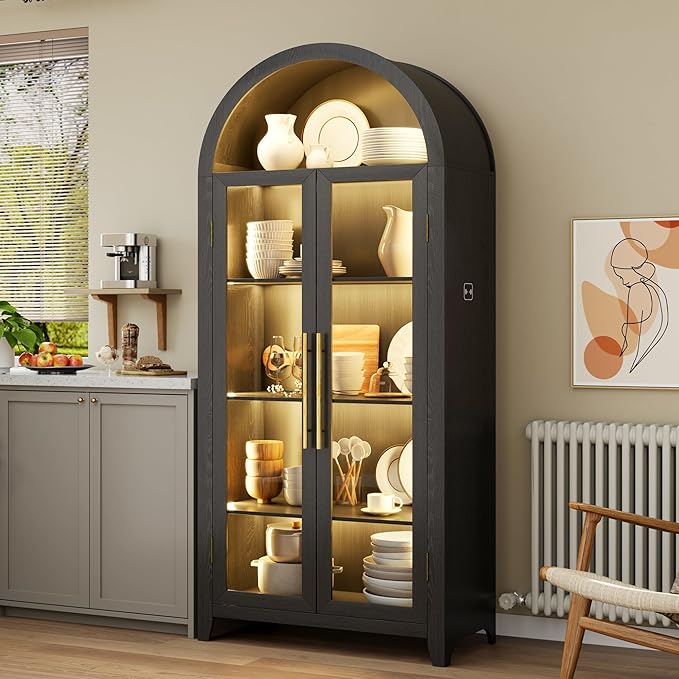 Vlsrka 71" Arched Display Cabinet with Glass Doors, Curio Cabinet with LED Light & Human Sensor, 5-Tier Display Cases for Collectibles, Storage Cabinet with Ajustable Shelf for Living Room(Black)